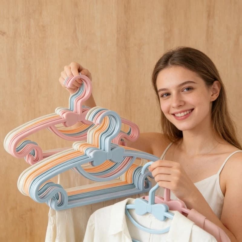 Pack of 50 clothes hangers for children, made of PP material, clothes hangers with bows, clothes hangers organizer for wardrobe, durable and durable with hooks