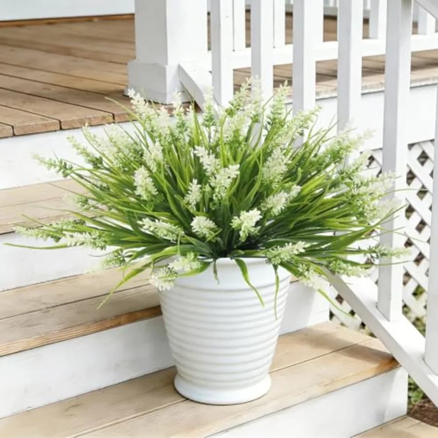 Outdoor Plants Artificial For Porch, UV Resistant Faux Outdoor Plants 10 Bundles Artificial Monkey Grass Fake Lavender Flowers