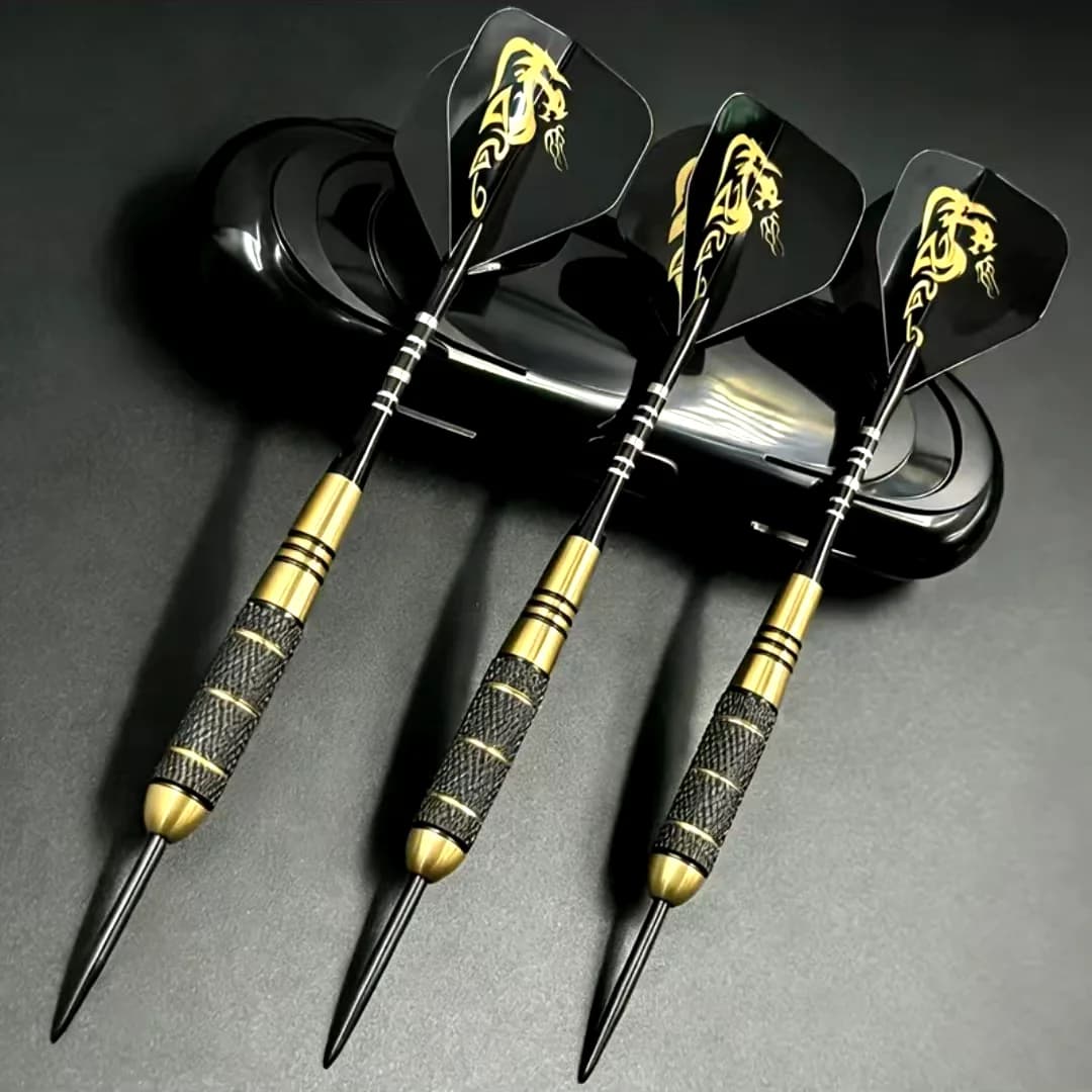 Set di 3 freccette professionali con punta in acciaio, 24g, design drago nero e oro, con custodia per il gioco del freccette