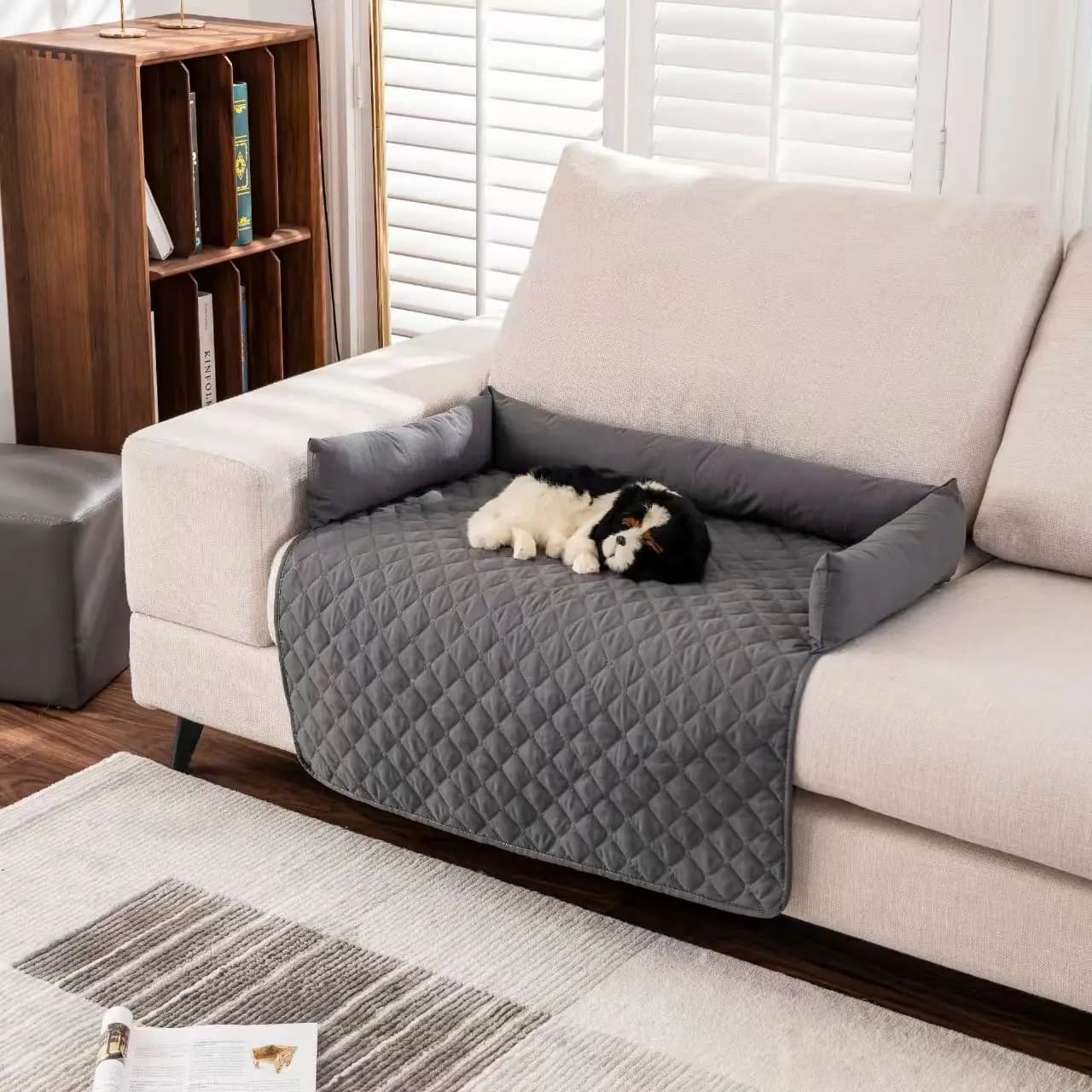 Stain-resist Pet Sofa Bed Mat Anti‑Slip Dog Couch Protector With 3 Sided Bolster Washable Pet Sleeping Cushion Cover Scratch‑Res