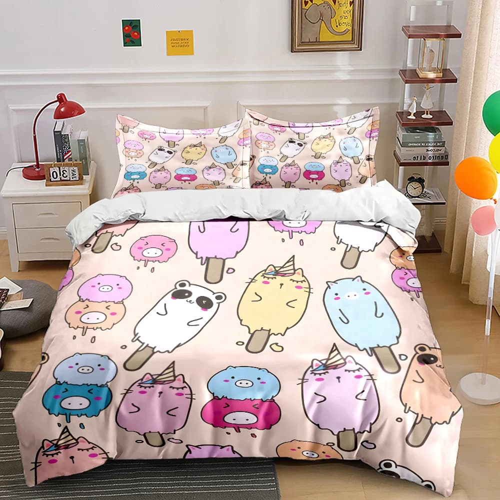 Set copripiumino con motivo a gelato con animali dei cartoni animati, stampa digitale, biancheria da letto colorata in poliestere con chiusura a cerniera, per regali per bambini