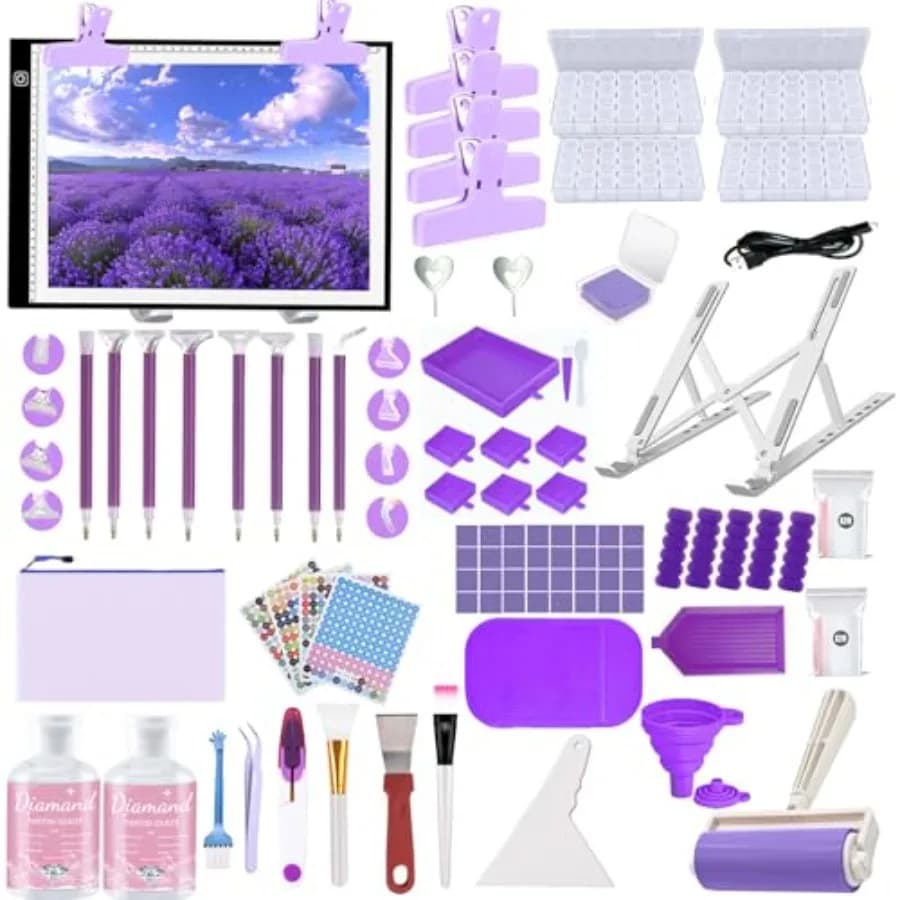 Kit Completo di Accessori per Diamond Art da 244 Pezzi, Set con Tavoletta Luminosa LED per Diamond Painting, Colla Sigillante per Diamond Art e Supporto per Conservazione