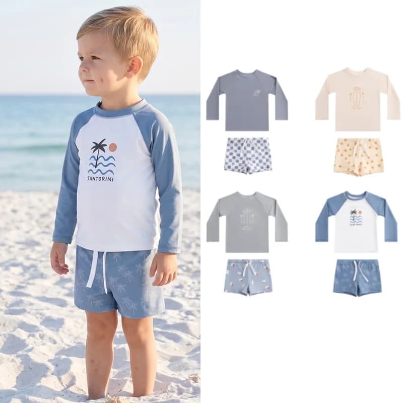 Costume da bagno per bambini 2026, nuovo modello estivo blu con cartoni animati, a maniche lunghe, protezione solare, per ragazzi, ad asciugatura rapida, simpatico, due pezzi, per neonati, abbigliamento da spiaggia