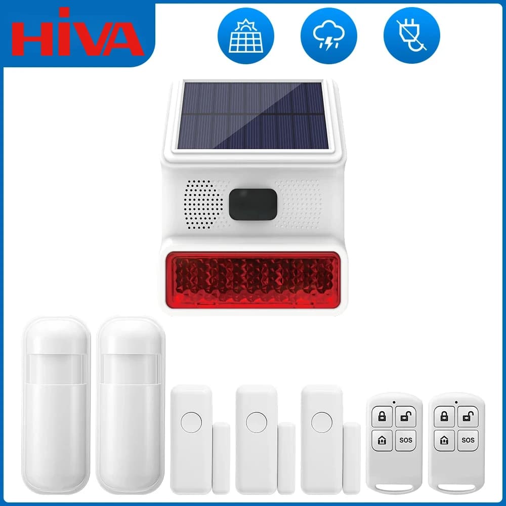 HIVA Sistema di allarme impermeabile Radiofrequenza wireless 433 MHz Allarme luce stroboscopica solare esterna con sensore porta Sensore a infrarossi