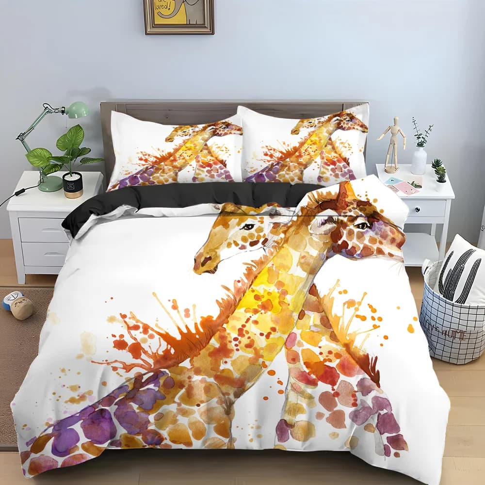 Cartoon Giraffa Re Regina Copripiumino Bambini Ragazze Ragazzi Set di biancheria da letto per animali Copripiumino per fauna selvatica 2/3 pezzi Copripiumino in poliestere