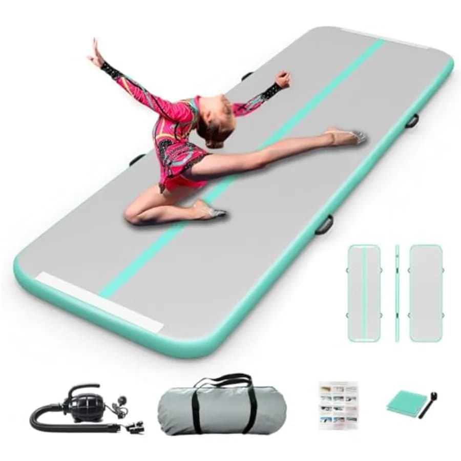 Gymnastics Inflatable Mat, for Gym/House/Cheerleading/Yoga/Water, PVC Blue, 3m x 1.2m x 10cm thick, with quick inflating