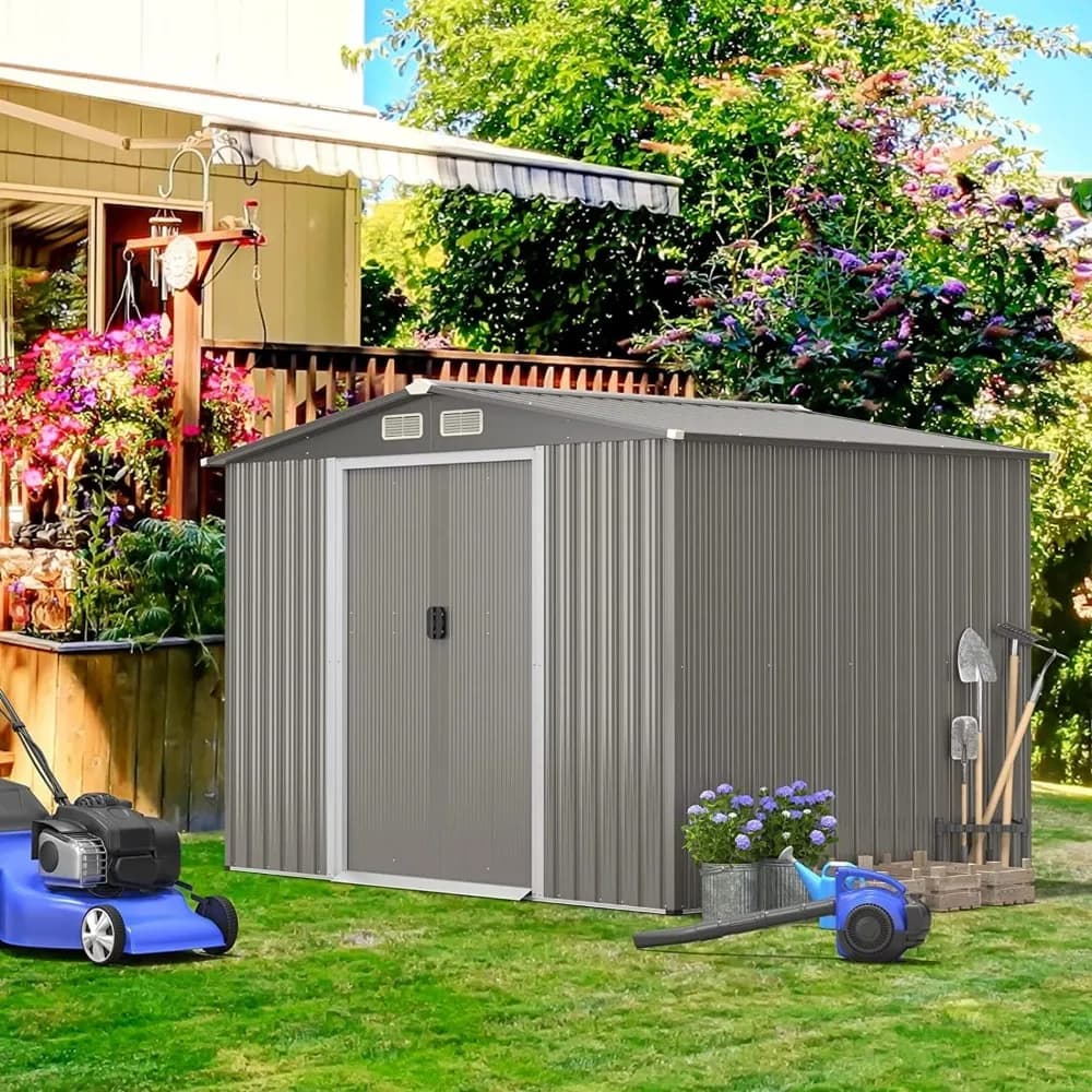 Capannone portaoggetti da esterno da 8,5' x 6,8' x 6', casa portaoggetti resistente alle intemperie con fondotinta, 4 prese d'aria, doppie porte e