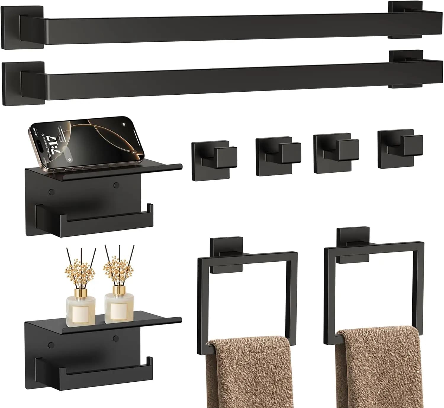 Set di Accessori per Bagno in Nero Opaco da 10 Pezzi, Portasciugamani in Acciaio Inox SUS304, Porta Carta Igienica con Mensola, Ganci e Anelli