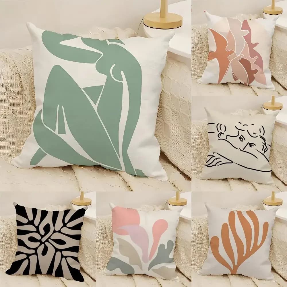 Federa per Cuscino con Stampa Fronte-Retro in Lino Naturale, Design Nordico con Motivo Linee Ragazza Foglie Corallo, Decorazione per Divano e Casa