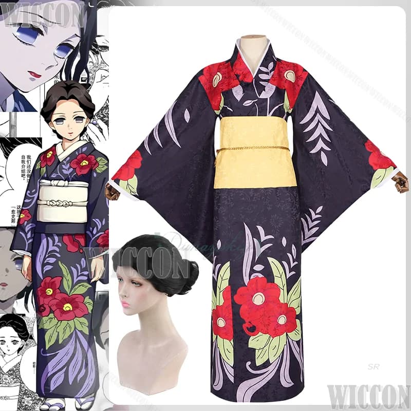 Anime Tamayo Printed Kimono Cosplay Costume Updo Wig Women Kimono Belt Full Set Accessories Halloween Comic Con Roleplay Outfit