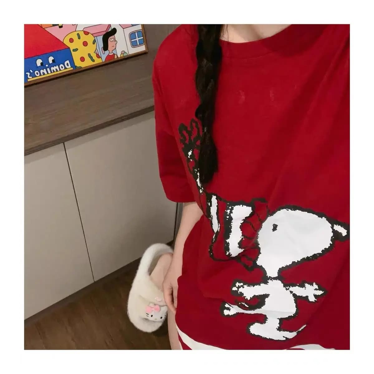 Pigiama in puro cotone rosso carino cartone animato Snoopy creativo Kawaii ragazze casual pantaloncini a maniche corte a righe loungewear regalo all'ingrosso