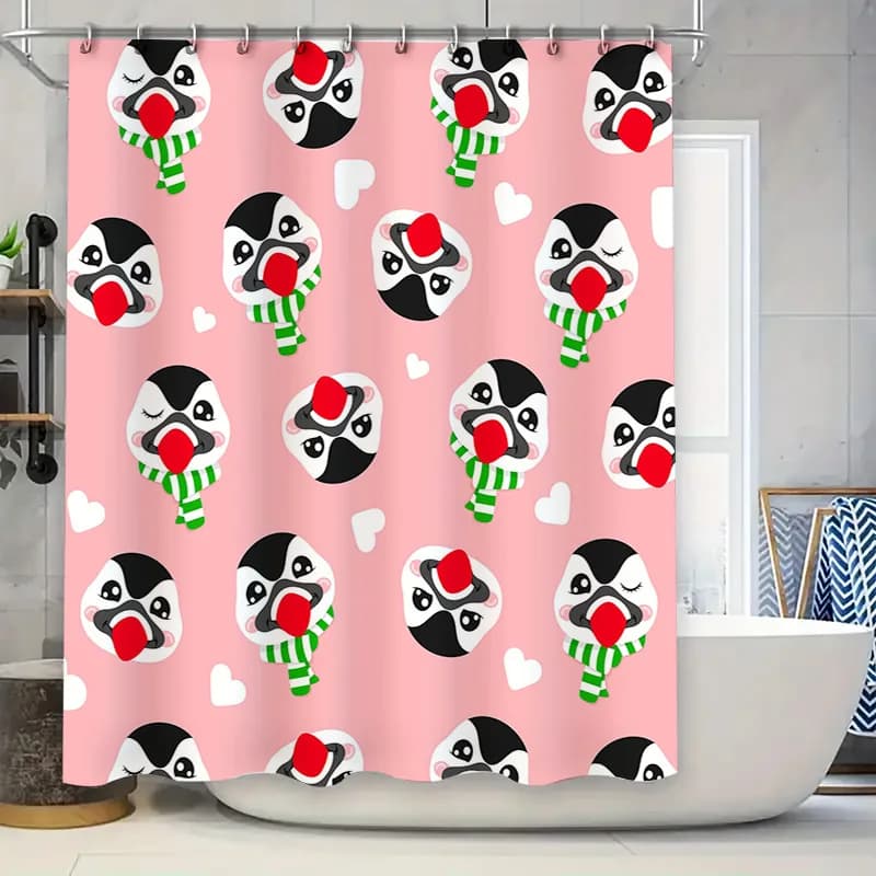 Tenda da doccia con pinguino al naso rosso brillante, decorazioni natalizie, set da bagno per la cameretta dei bambini, tappetini da bagno in tessuto impermeabile in rosa con