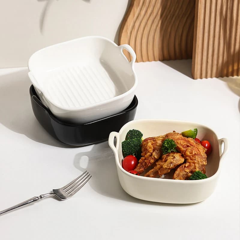 Home Use Ceramic Binurale Baking Plate Bakery Oven Rice Lunch Plates with 8 Inch Solid Striped Cheese Oven Air Fryer Special Cutters