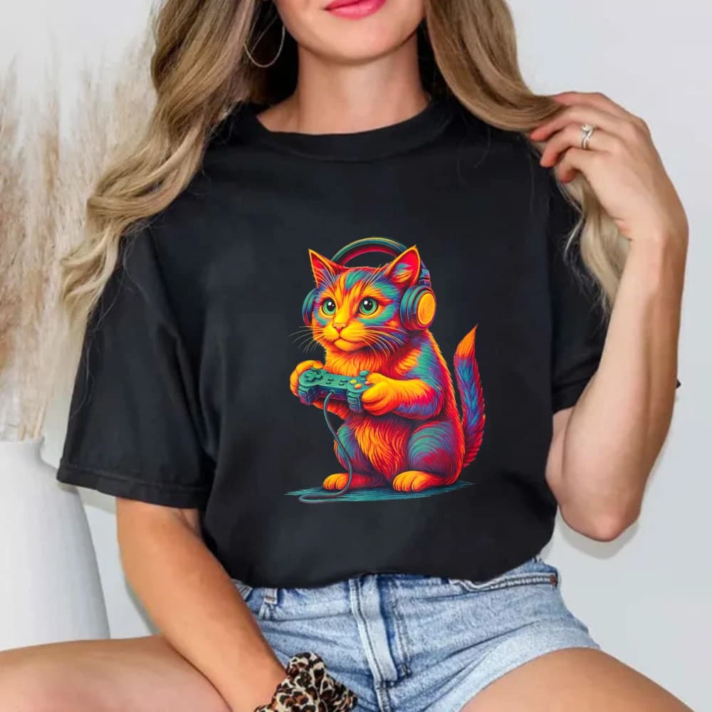 Vibrant Rainbow Gaming Cat Graphic Tshirt Women Headset Game Controller Print Tee Colorful Retro Cotton Tees E-sport Street Tops
