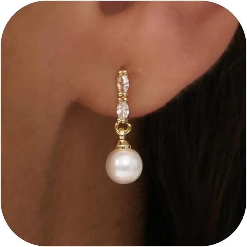 14K Gold Plated Stainless Steel CZ Pearl Earrings for Women - Bridal Pearl Drop Earrings Elegant Wedding Studs for Brides Women