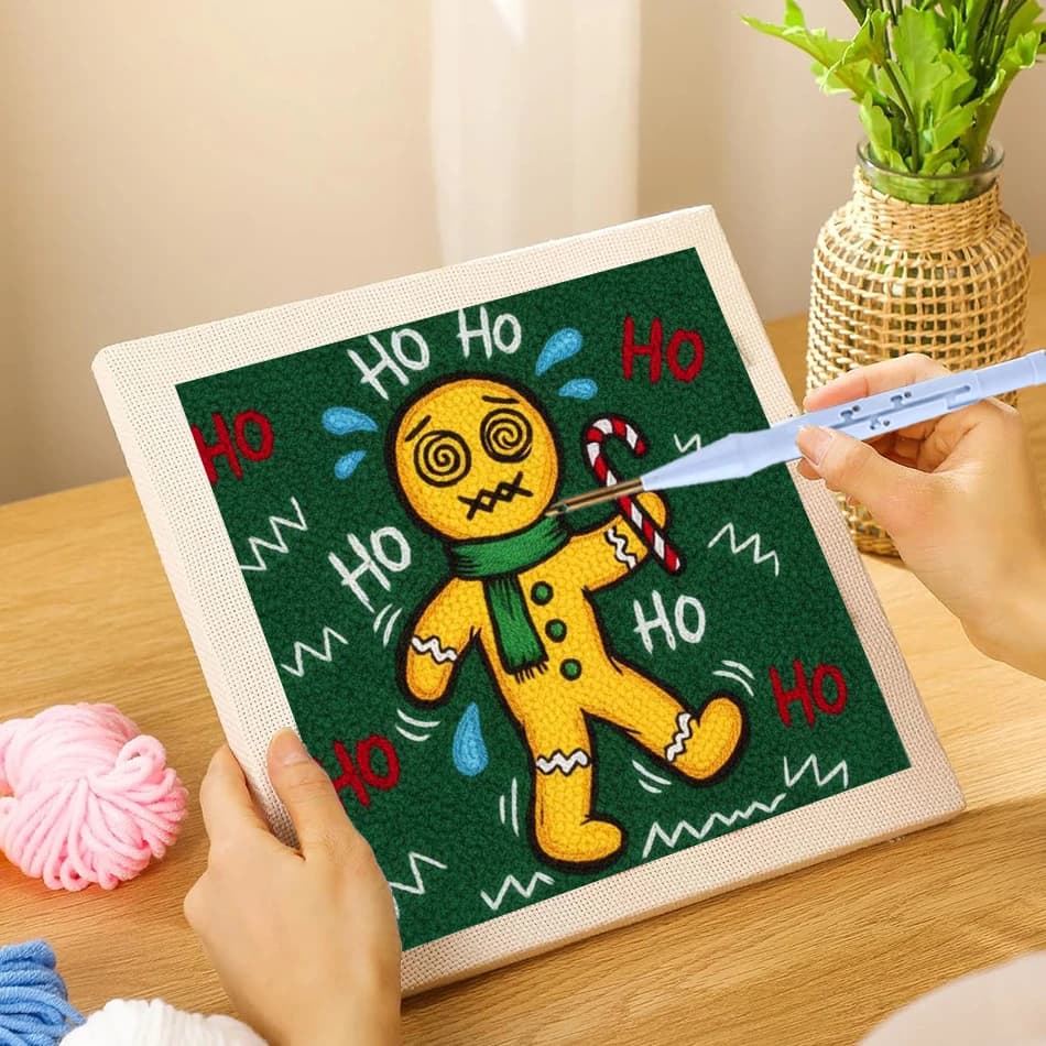 Funny Christmas Punch Needle Kit Dizzy Gingerbread Man DIY Embroidery Craft Kit With Frame For Holiday Wall Decoration
