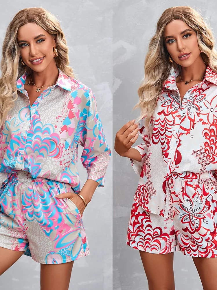 Printed ort Sve Seven Quarter orts Set Floral Print Casual Sportswear Two-Piece Suit for Women in Their 20s And 30s
