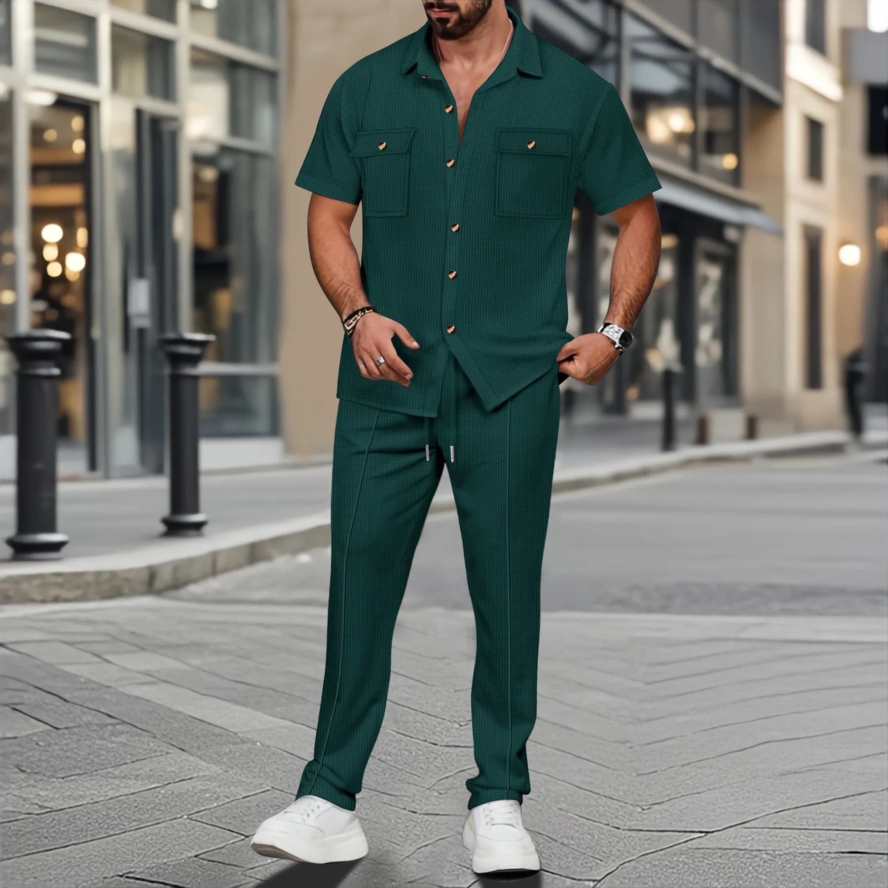 Men's Waffle Knit Two-Piece Set: A summer short-sleeved button-down shirt and belted pants, a casual and breathable streetwear.