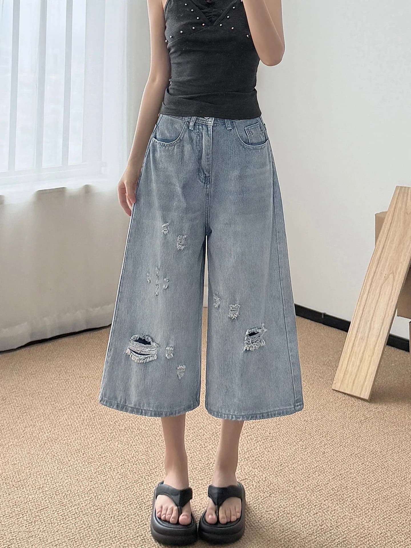 American Street Style High Waist Wide Leg Jeans Women's Summer Loose Fit Washed Denim Pants Torn Design Casual High Waist