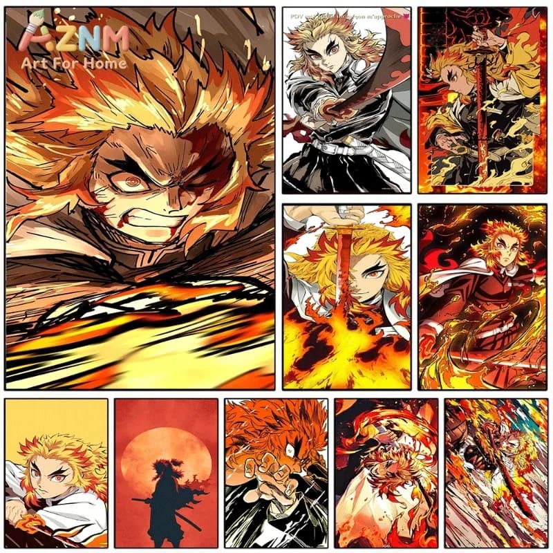 Demon Slayer Kyojuro Rengoku Flame Hashira Battle Portrait Anime Canvas Wall Art Unframed Single Canvas Print Wall Art Decor