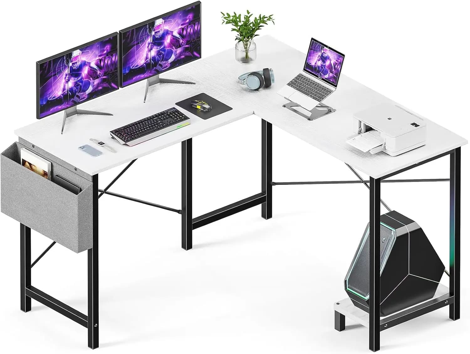 Scrivania ad angolo a L con supporto per CPU e borsa laterale, bianca, 50 pollici, robusta postazione di lavoro per gaming, ufficio e dormitorio