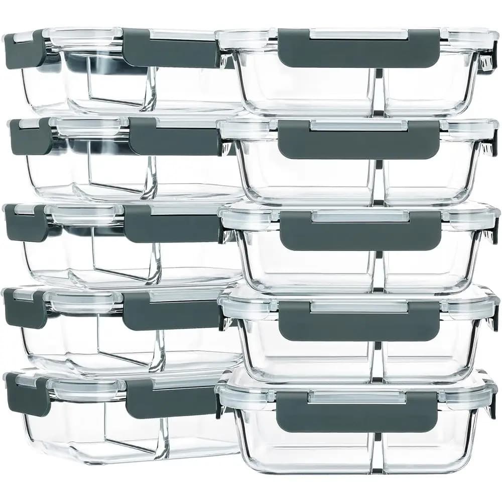 Set di 10 Contenitori in Vetro da 30 Oz con 2 Scomparti, Scatole Ermetiche per il Pranzo, Adatte per Microonde, Forno, Congelatore e Lavastoviglie