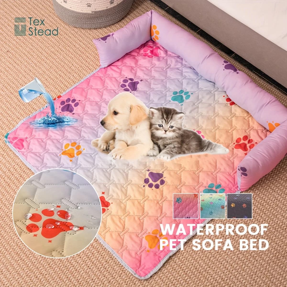 Reversible Rainbow Check Pet Bed with Pillow, Waterproof Anti-Slip Washable Mat, Soft Quilted Crate Pad for Dogs & Cats.
