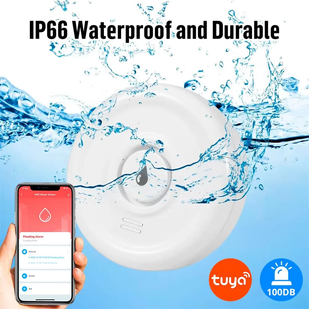 Sensore di perdite d'acqua WiFi KERUI Tuya Smart Life con allarme sonoro e monitoraggio remoto tramite app.