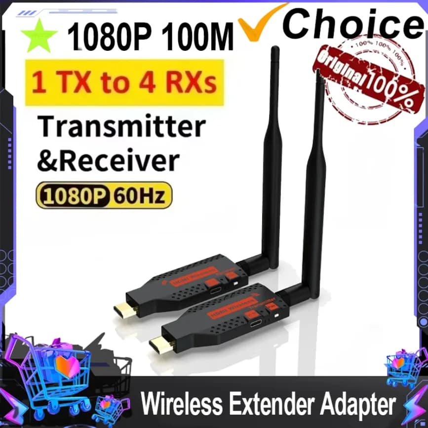 Transmitter and Video Receiver HDMI Wireless 100m, 1 TX to 4 Splitter, 1080P for PS4, Camera, Laptop, PC to Monitor and Projector