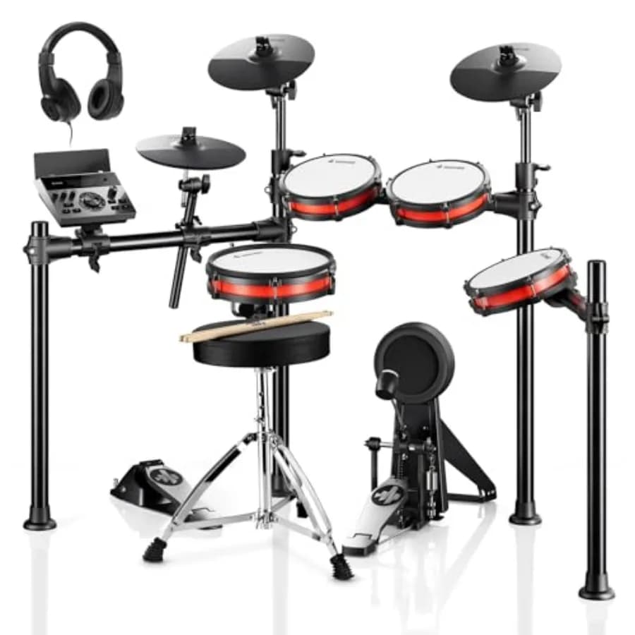 Set di Batteria Elettronica con Bluetooth, 450 Suoni, 5 Pad, 3 Piatti, USB MIDI, Cuffie, Bacchette, Lezioni di Melodica, Kit Batteria Nero