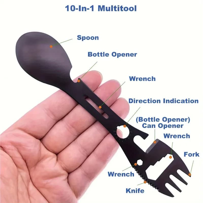 Multifunction Knife with Fischietto per Campsite e Suvivenza, Spork con Multiutensile, Chiave Inglese, Apribottiglie e Cucchiaio di Cucina