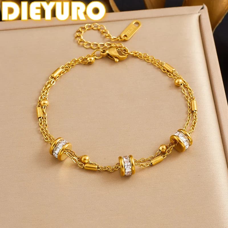 Bracciale DIEYURO in Acciaio Inox 316L Dorato Classico Rotondo con Strass Incastonati a Doppio Strato Impermeabile per Donna