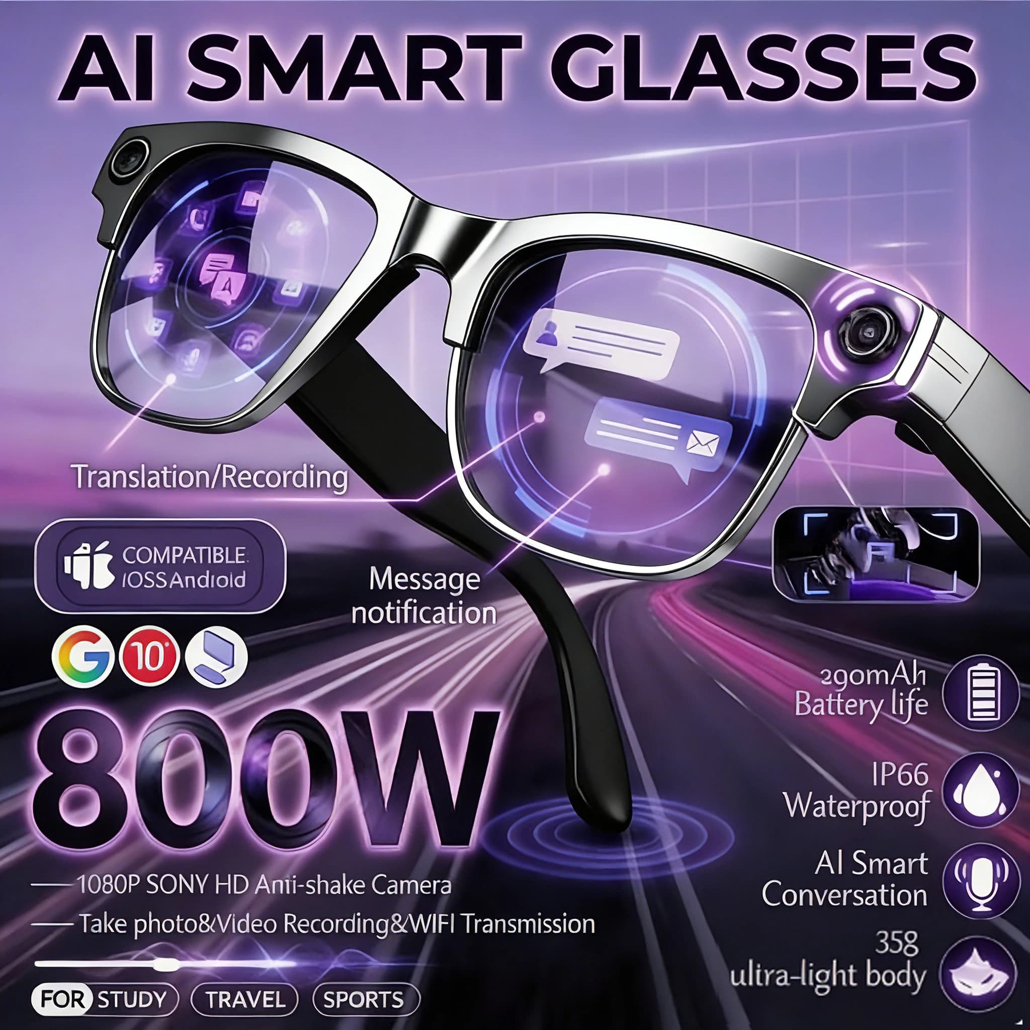 Occhiali Smart 2026 Nuovi Aggiornati con AI, Riconoscimento Foto, Chiamate Bluetooth, Traduzione, Registrazione Video e Funzione Vocale - Occhiali da Sole per Uomo