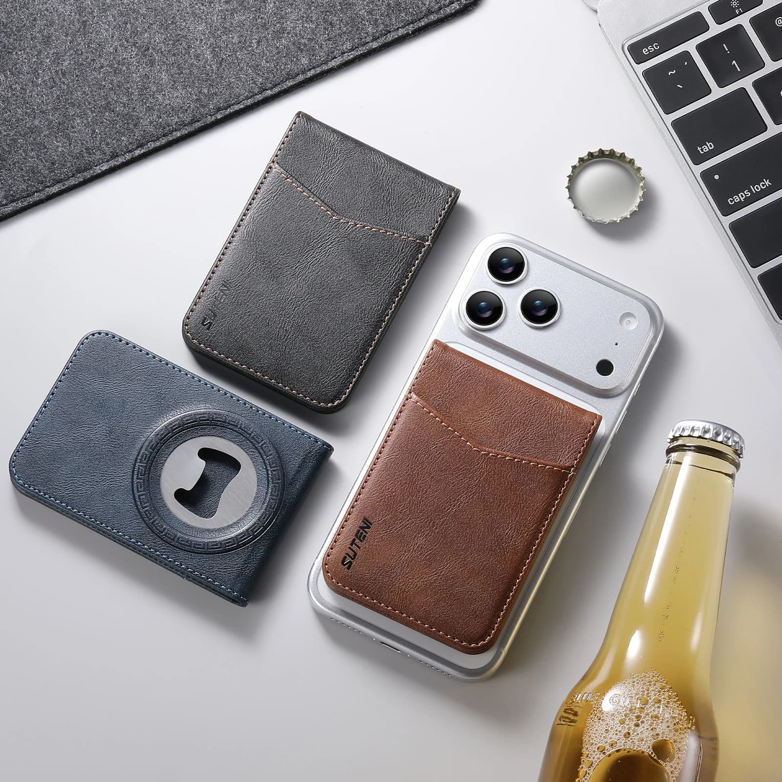 SUTENI Mobile Phone Stand Magnet Flip Pocket Card Holder Storage Luxury Faux Leather Bottle Opener Bag Wallet Festival Gift