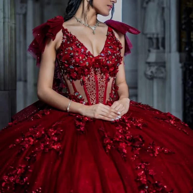 Abito Quinceanera rosso Decalcomania glitterata con spalle scoperte Stratificazione Fiore 3D Coda lunga Fiocco Abiti da 15 Quinceanera Personalizza