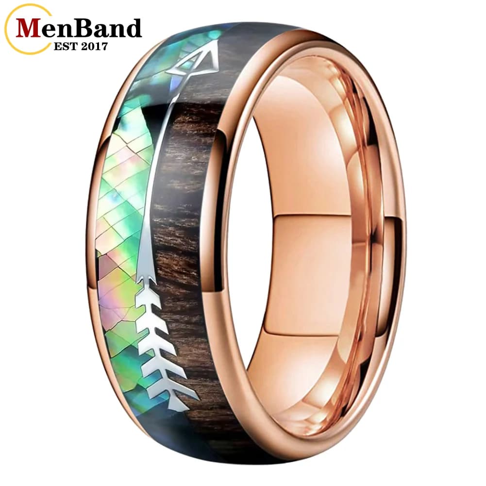 MenBand 8mm Anello al tungsteno Uomo Donna Moda Fede nuziale Abalone Shell Freccia Koa Intarsio in legno Lucido Lucido Comfort Fit