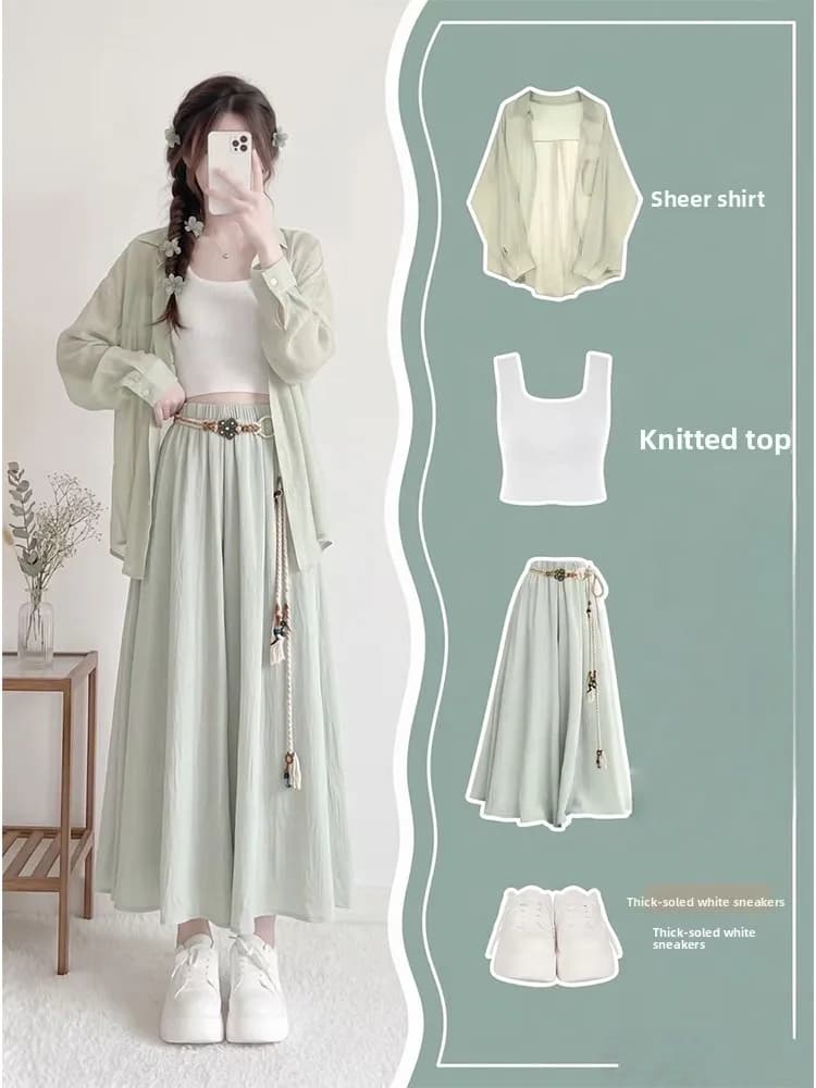 Green Summer Autumn Women's Fashion Set Thin Shirt Vest Strap Half Skirt Pants Three-piece Set Breathable Comfortable Material
