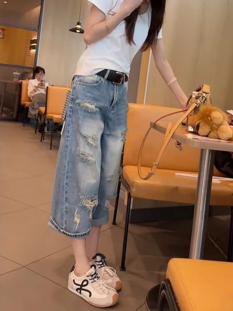 plus Size Distressed Wide Leg Jeans Women Summer Thin New Loose Straight Cut Trousers Casual High Waist Denim Pants