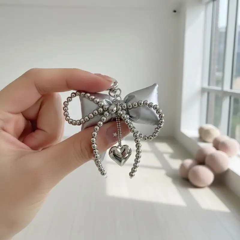 Y2K Bow Bag Charm Beaded Heart Pendant Cute Fashion Keychain For Handbag Backpack