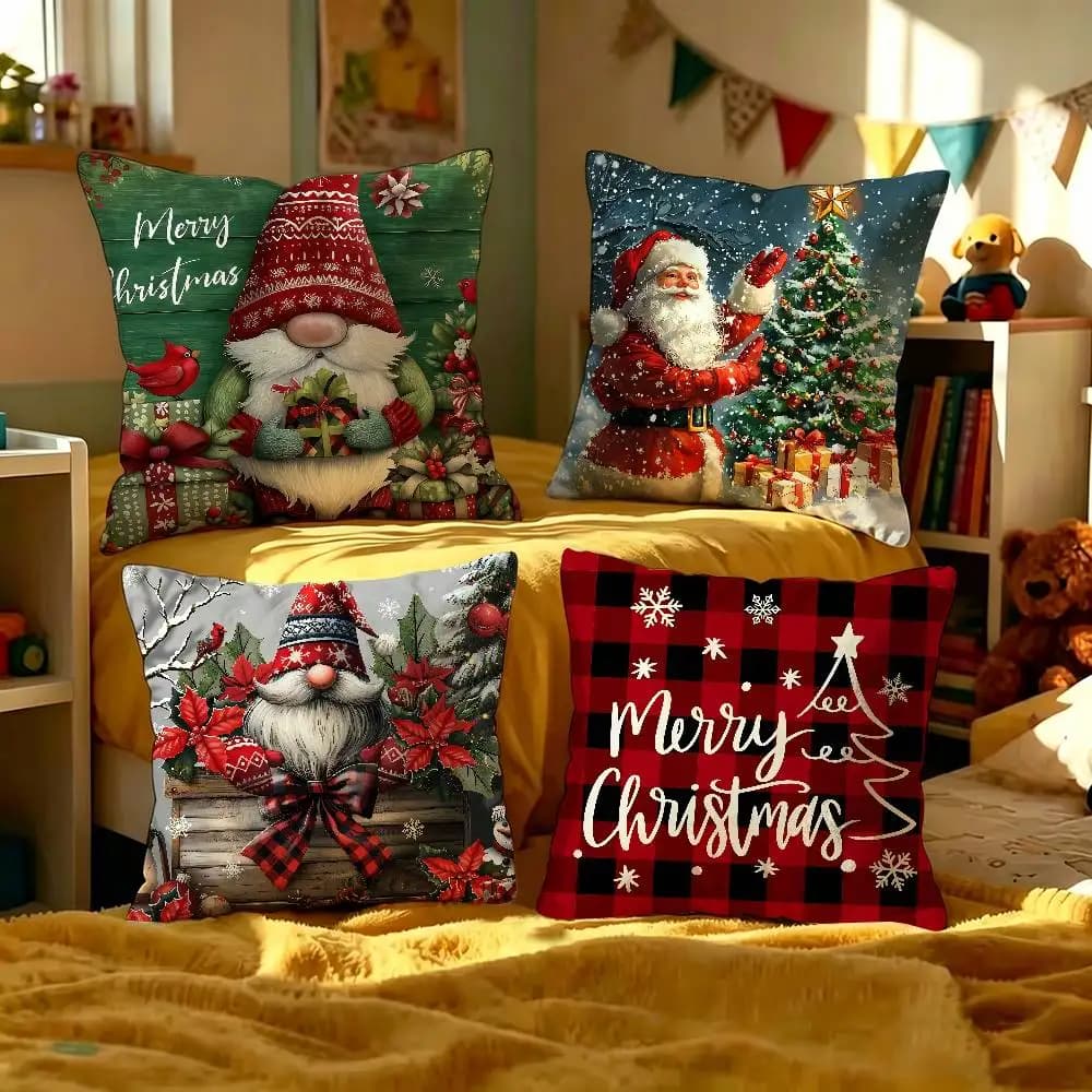 Festive Christmas Pillow Covers Cartoon Sofa Decorative Home Double-sided Printing Short Plush Cute Cushion Cover