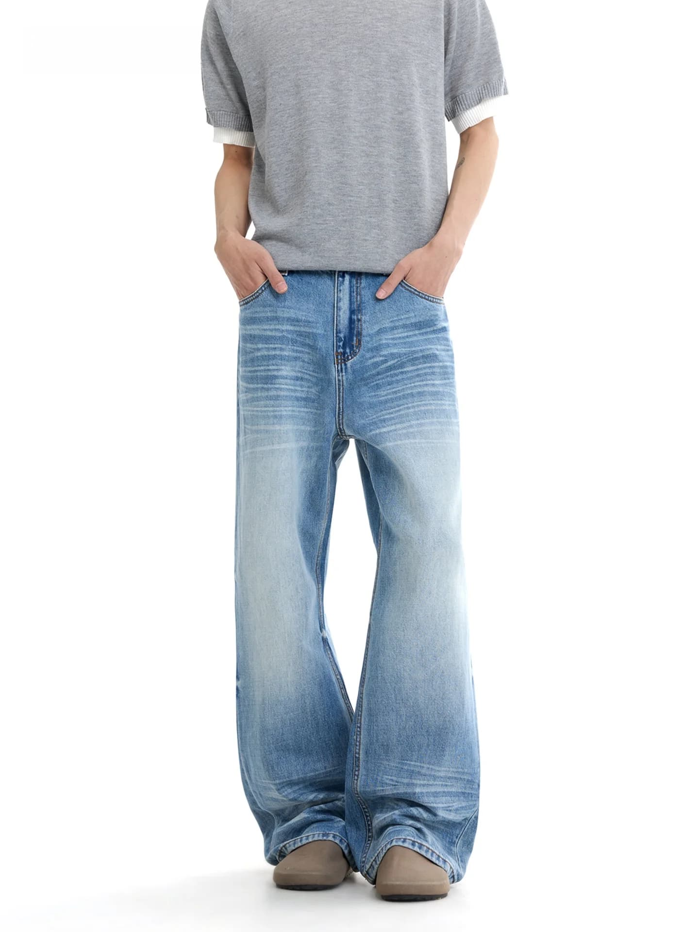 SDMADE American Style Vintage Light Blue Washed Men's Jeans Spring Loose Straight Leg Wide Leg Long Trousers Breathable