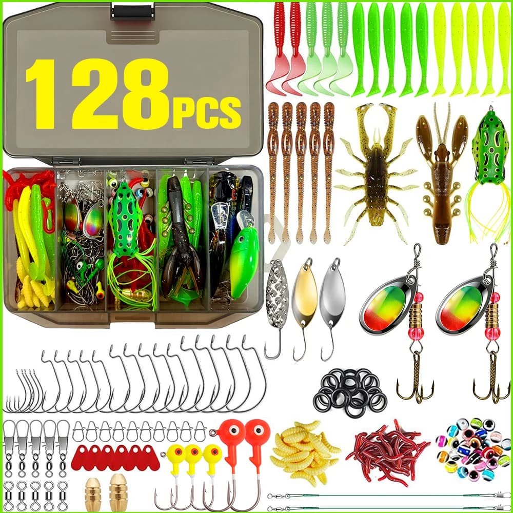 Thorsnline 128 194 131 Pieces Fishing bait kit with Box Equipment, Crankbait, Soft baits, Jig, Ami and Pesi for Carp Fishing