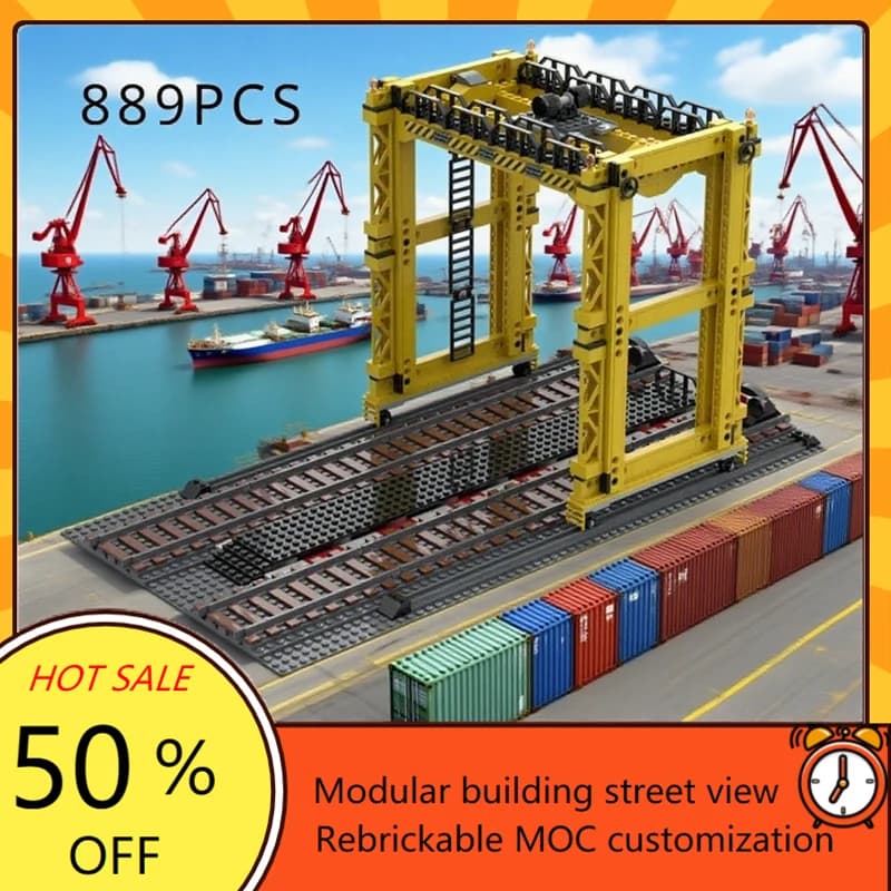 889PCS Modello di gru di sovraccarico ferroviario Puzzle personalizzati Trasferimento del treno di carico con gru a portale Treno cittadino MOC Regalo giocattolo per bambini di Natale