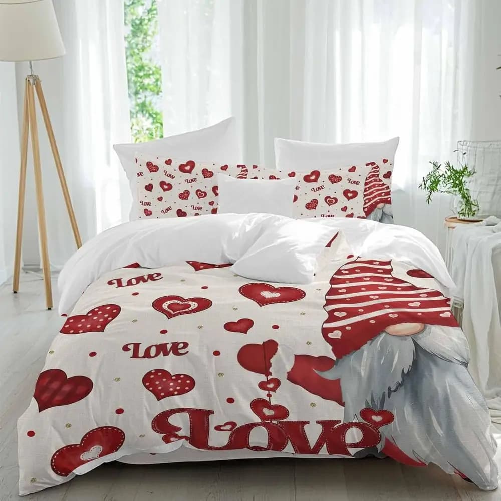 Set Lenzuola San Valentino, Gnomi con Cappello Rosso, Pois Rossi, Cuori, Texture Lino, 4 Pezzi, Traspirante, Set Copripiumino