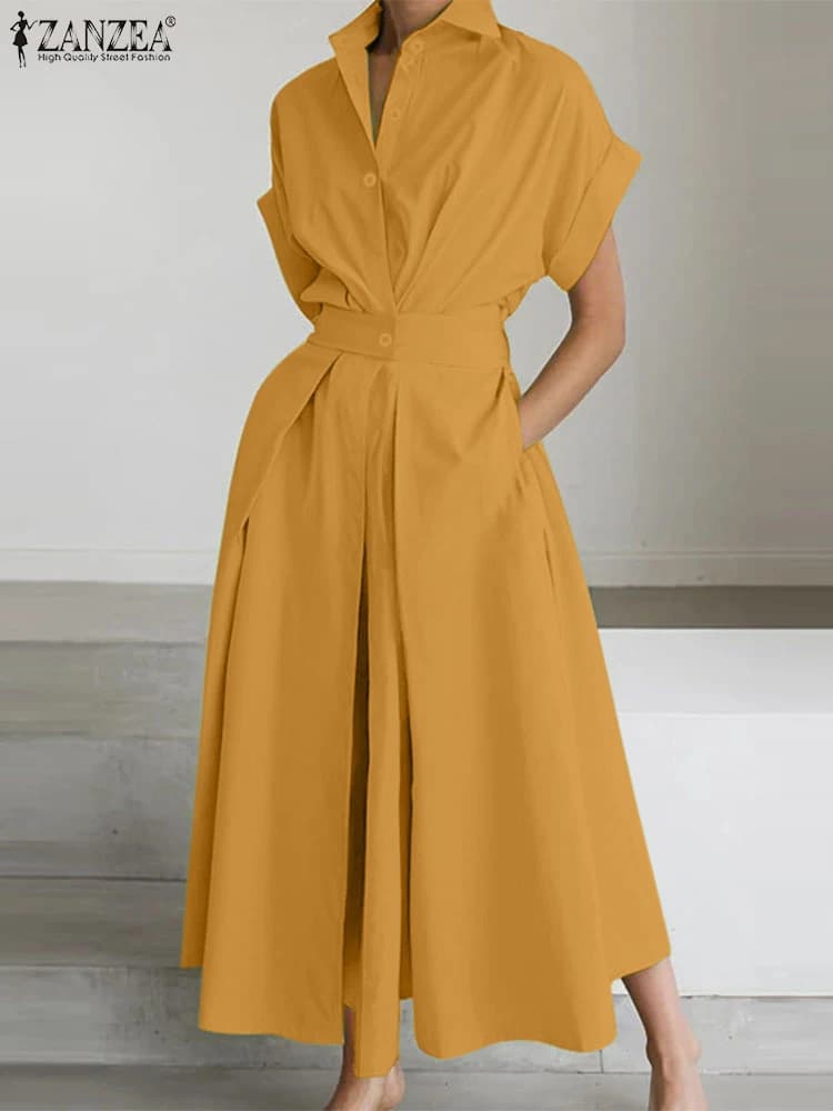 ZANZEA Moda Donna Camicia con colletto Elegante manica corta Elastico Wasit A-Line Maxi Abiti Estate Casual Abiti Streetwear