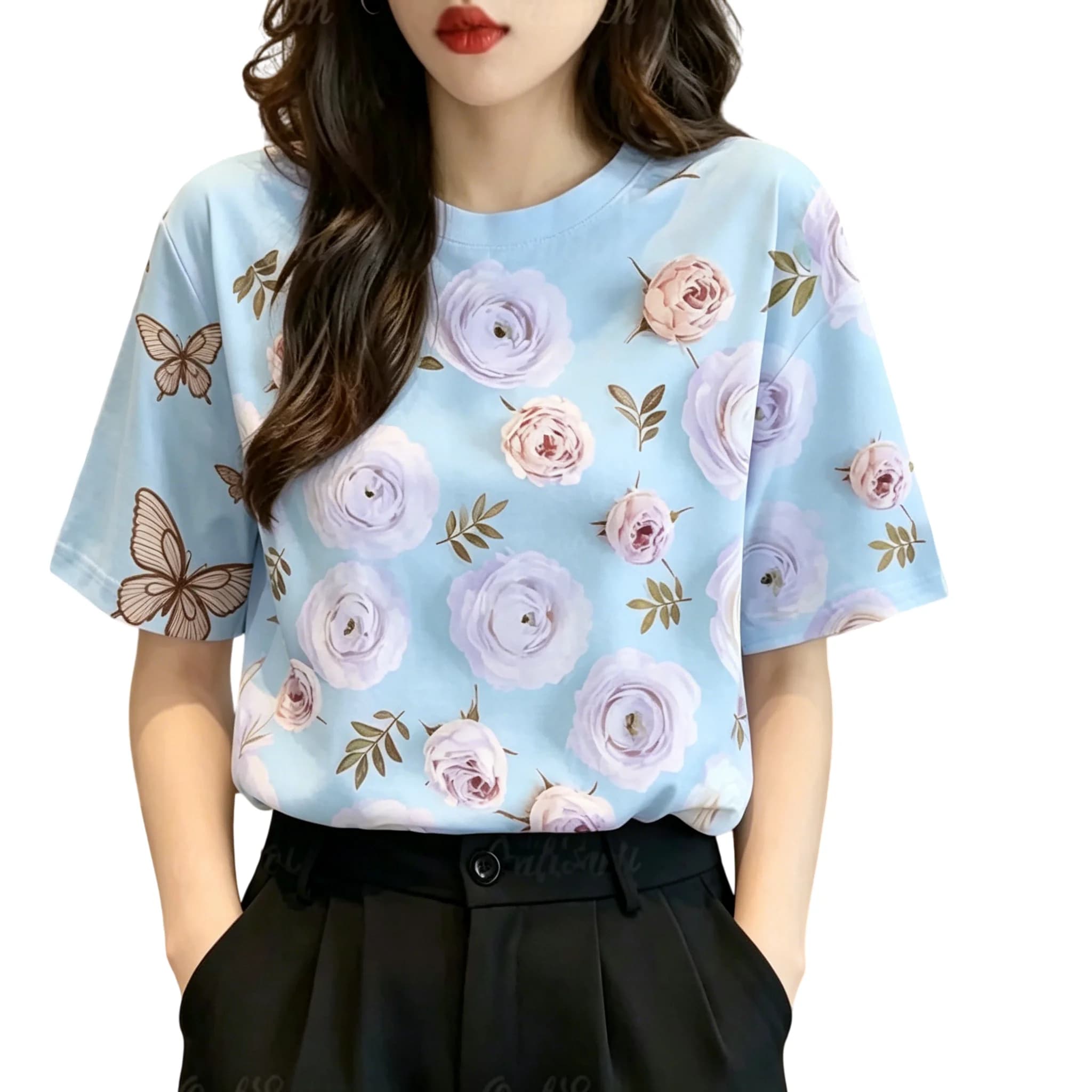 Romantismo francese! T-shirt con stampa farfalle e rose, top estivo elegante e snellente che valorizza la figura