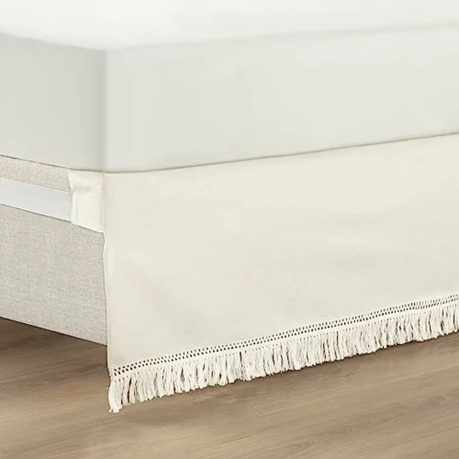 Gonna letto Boho con frange, su misura, facile da montare, misura Queen, singola, 60" L x 80" P +15" Bianco - Gonna letto Queen - Avvolgente