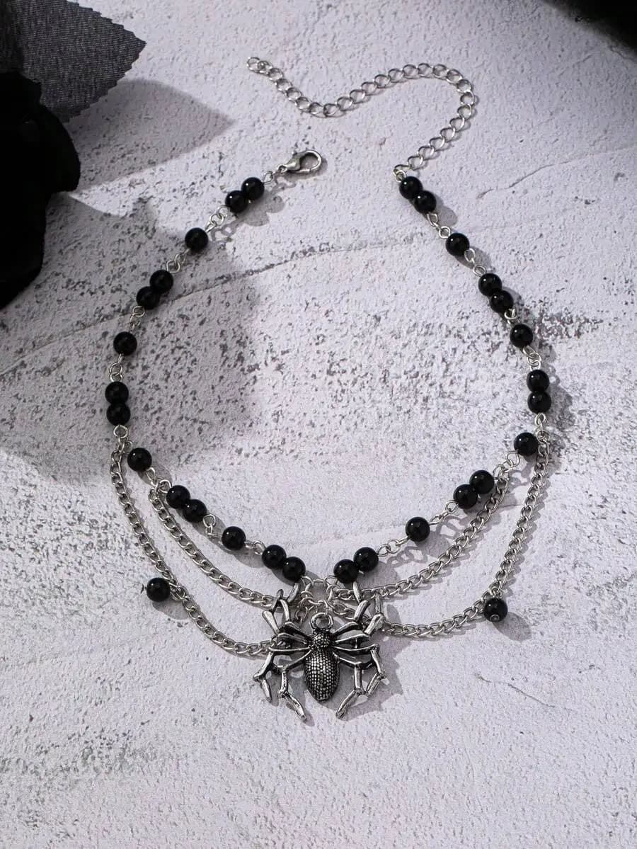Collana girocollo con ciondolo a forma di ragno punk gotico con perline nere per donna