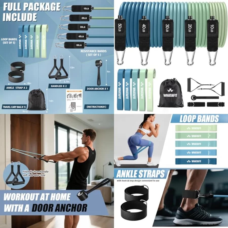 Fasce di Resistenza, Bande per Esercizi, Bande per Allenamento con Maniglie, Ancoraggio per Porta e Cinghie per Caviglie, 5 Livelli di Resistenza, Bande Fitness