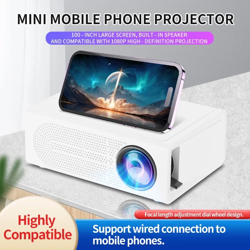 Mini proiettore portatile 1080P Alimentatore USB per Home Cinema Campeggio esterno Connessione telefonica cablata Display da 100 pollici